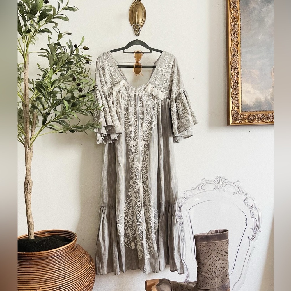 Maeve Gray Stripe Embroidered Maxi Sz 2
